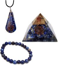 Load image into Gallery viewer, Orgone Pyramid Lapis Lazuli - Set of 3 Pendants, Bracelet, Chakra Crystal Pyramid, Positive Energy Generator, Orgonite, Reiki, Healing, Meditation, Spiritual Balancing Stones
